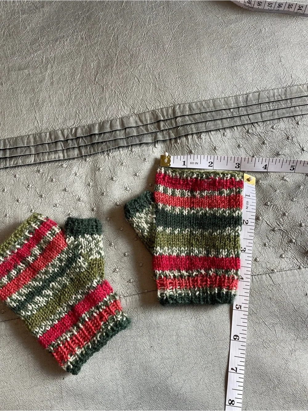 Peruvian Hand knit Wool Fingerless Gloves Green, Red & Cream Stripes